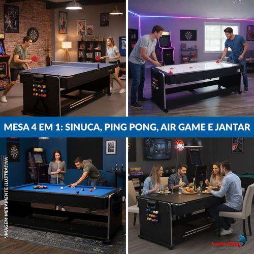 Mesa De Jogos 4 Em 1 Mdf Com Bilhar Ping Pong Air Game E Tampo De Jantar Acessórios Inclusos Uso Residencial