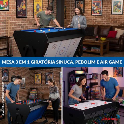 Mesa Giratória Mdf 3 Em 1 Bilhar Pebolim E Air Game Com Acessórios Completos Ventilador Integrado Bivolt Diversão Total