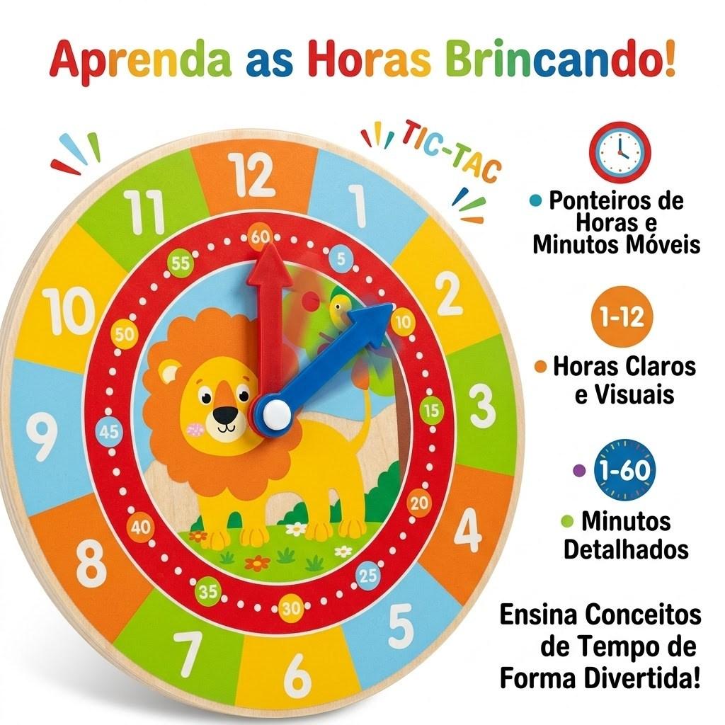 Quadro Multiatividades Calendario Infantil Leãozinho Educativo Relógio Madeira Pedagógico Kizumba