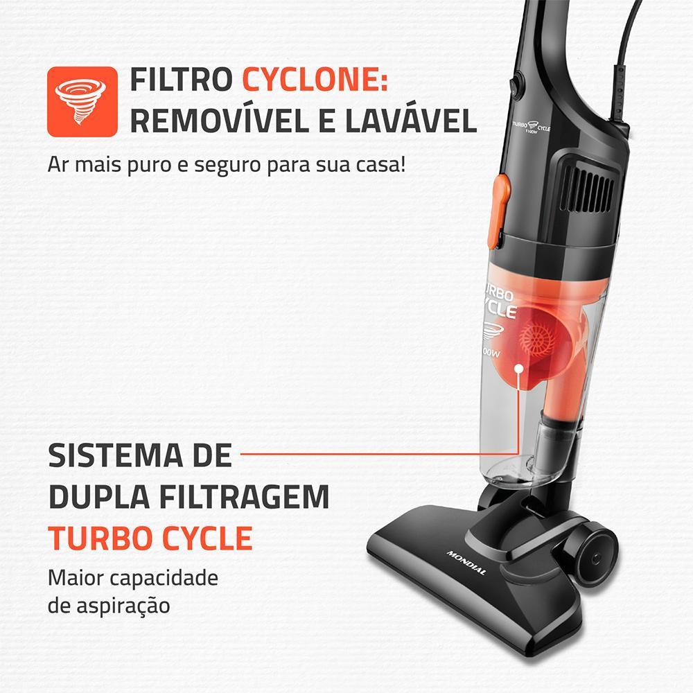 Aspirador De Pó Vertical 2 Em 1 Mondial Turbo Cycle Preto E Laranja 1100w Ap-35