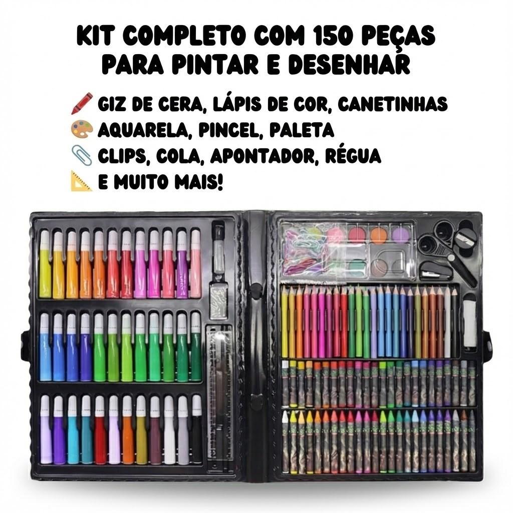 Estojo Maleta De Desenho E Pintura 150 Peças Dinossauro Com Canetinhas Lápis Giz Criança Kizumba