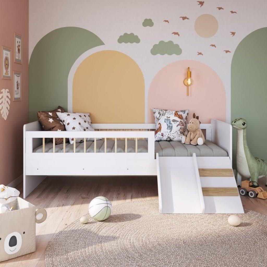 Cama Montessoriana De Solteiro Com Escada E Escorrega Linha Affetto Cor Branco Com Colchão Incluso