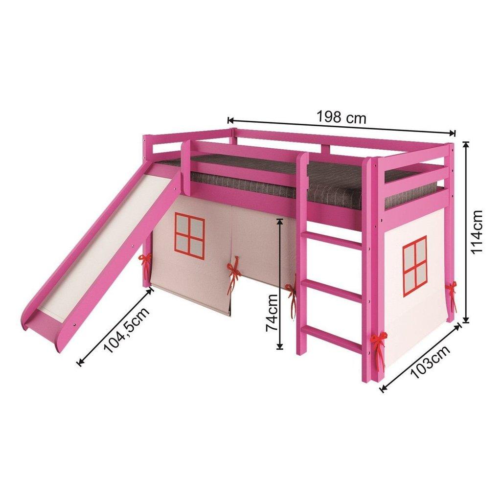 Cama Alta Infantil Com Escorregador E Tenda Em Madeira Maciça/mdf Rosa