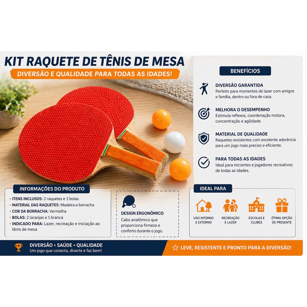 Kit Tênis De Mesa 2 Raquetes + 3 Bolas Ping Pong Lazer Esporte