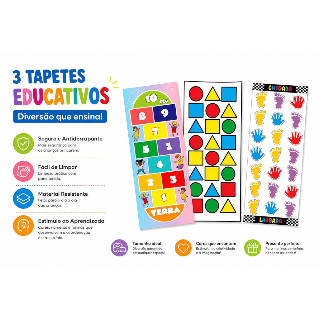Tapete Infantil Educativo Kit 3 Peças Amarelinha Formas Mãos E Pés Antiderrapante