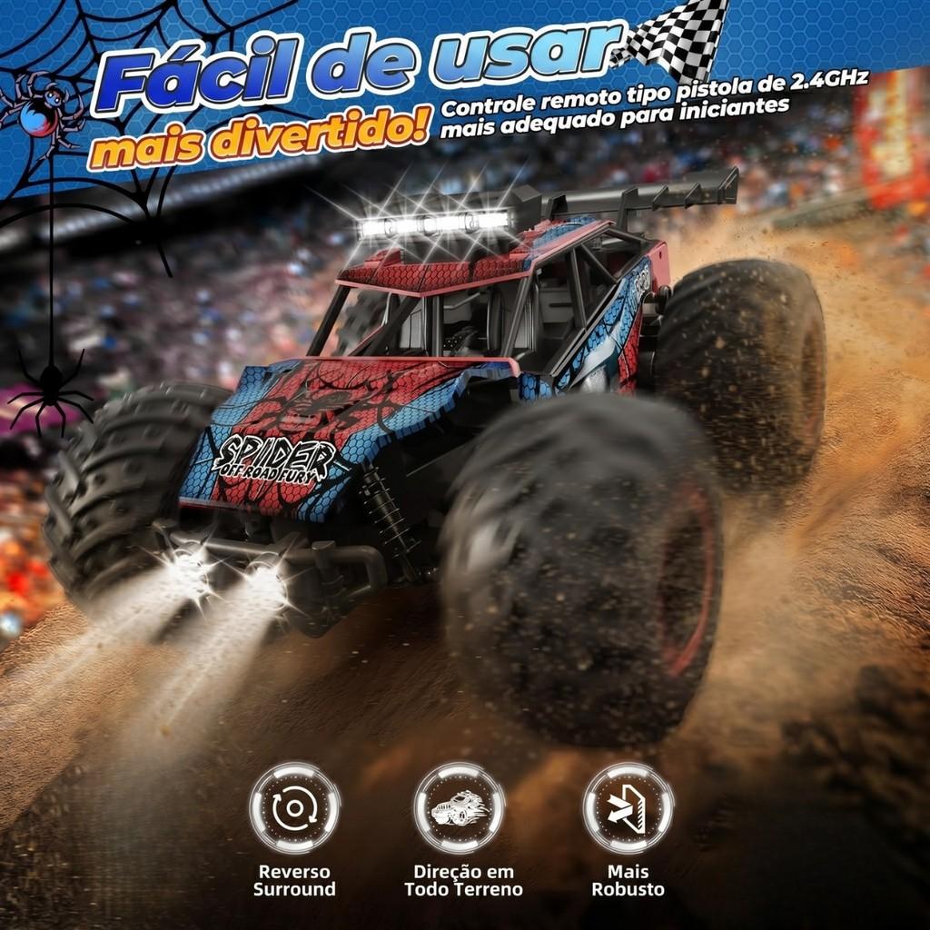Carrinho Controle Remoto 2.4ghz Off Road Monster Truck 25km/h 2 Baterias Homem Aranha Spider Kizumba