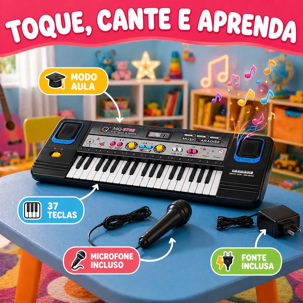 Teclado Piano Musical Eletrônico Com 37 Teclas Infantil Com Microfone Educativo Com Fonte Kizumba