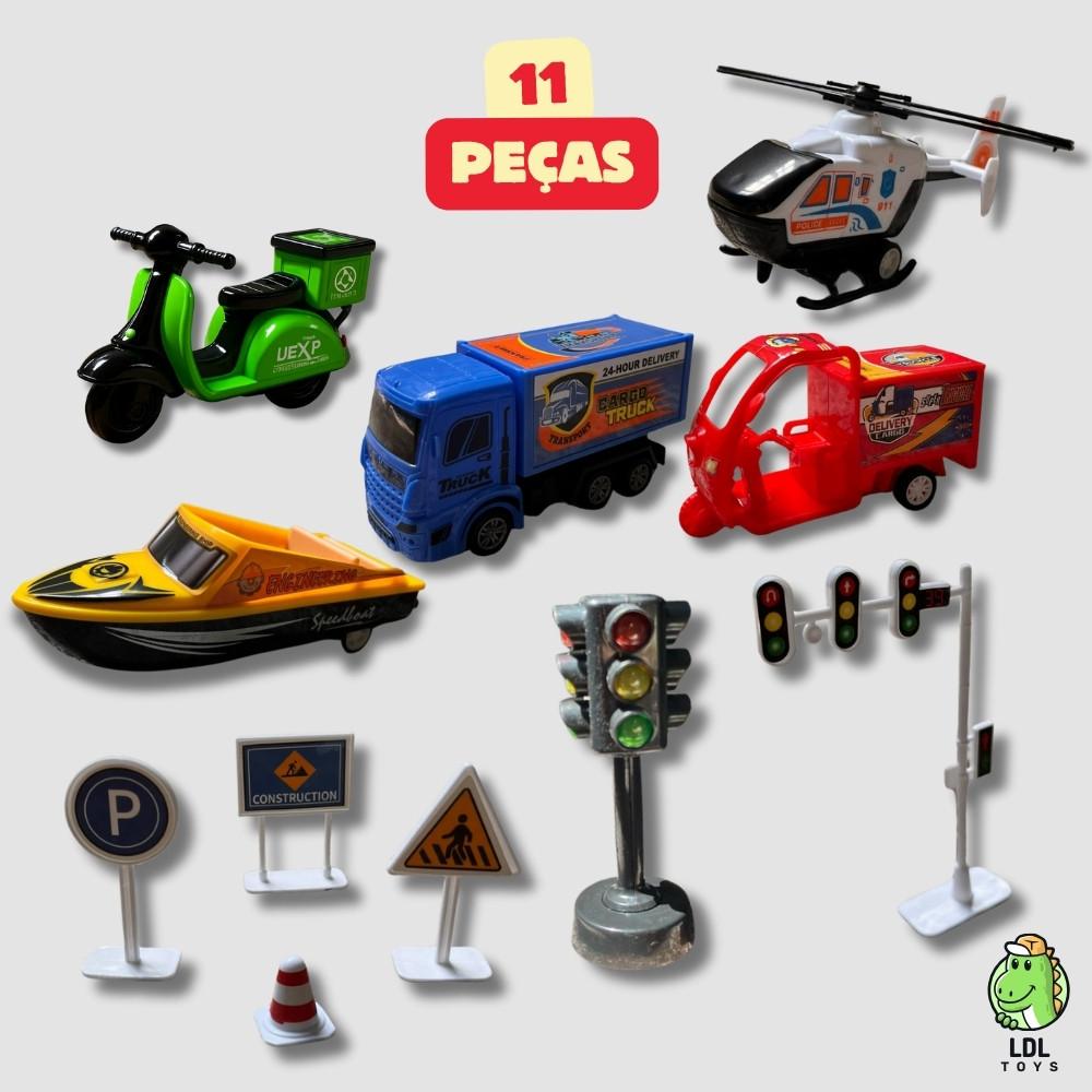 Kit Mini Cidade Carrinhos Moto Barco Helicóptero Caminhão 11 Peças Trânsito Infantil Criança Menino