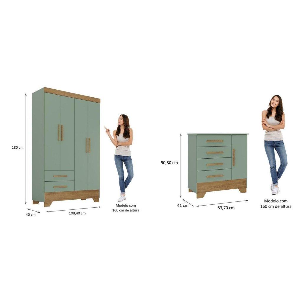 Quarto Infantil Completo Guarda Roupa 4 Portas 2 Gavetas Com Cômoda Liz Verde Fosco/nature