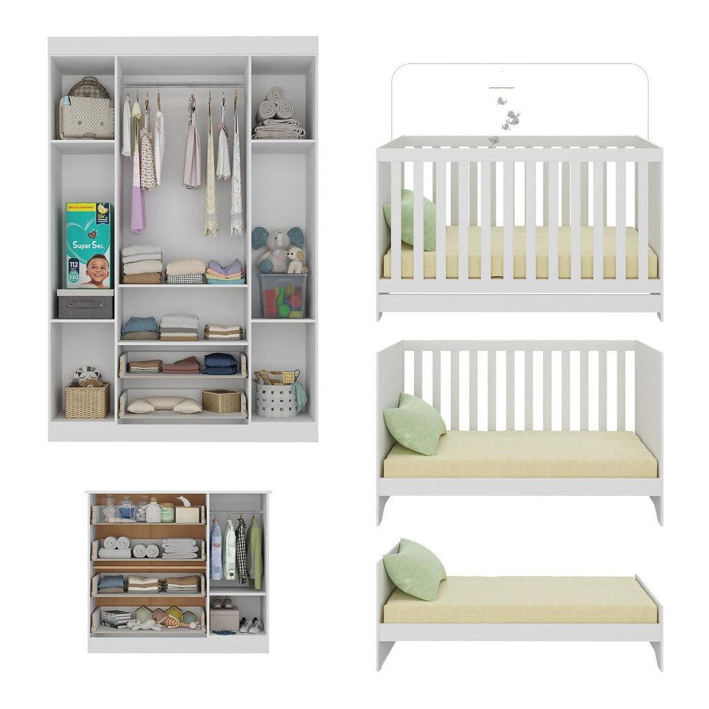 Quarto De Bebê Completo Com Berço Americano 3 Em 1 Colchão Incluso Encanto Multimóveis