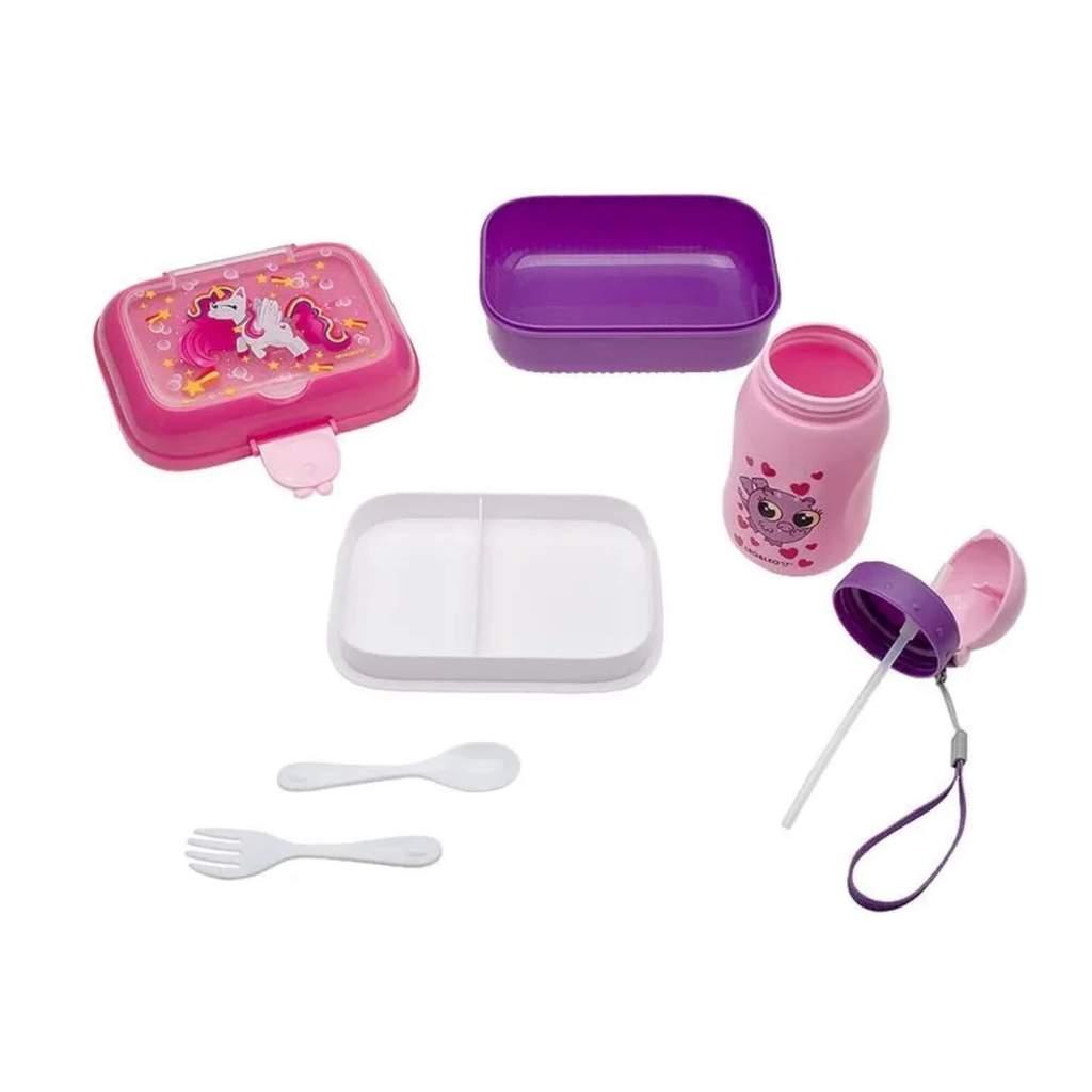Kit Lanche Garrafa Plástica 460ml + Marmita 700ml Unicórnio Leo Leonora