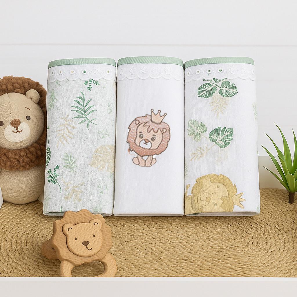 Kit Fralda Tecido Dengo Estampa Leão Safari 03 Peças 70cm X 68cm