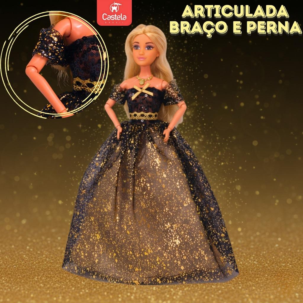 Boneca Princesa Fashion Vestido Preto Dourado Brilhante Style - Castela