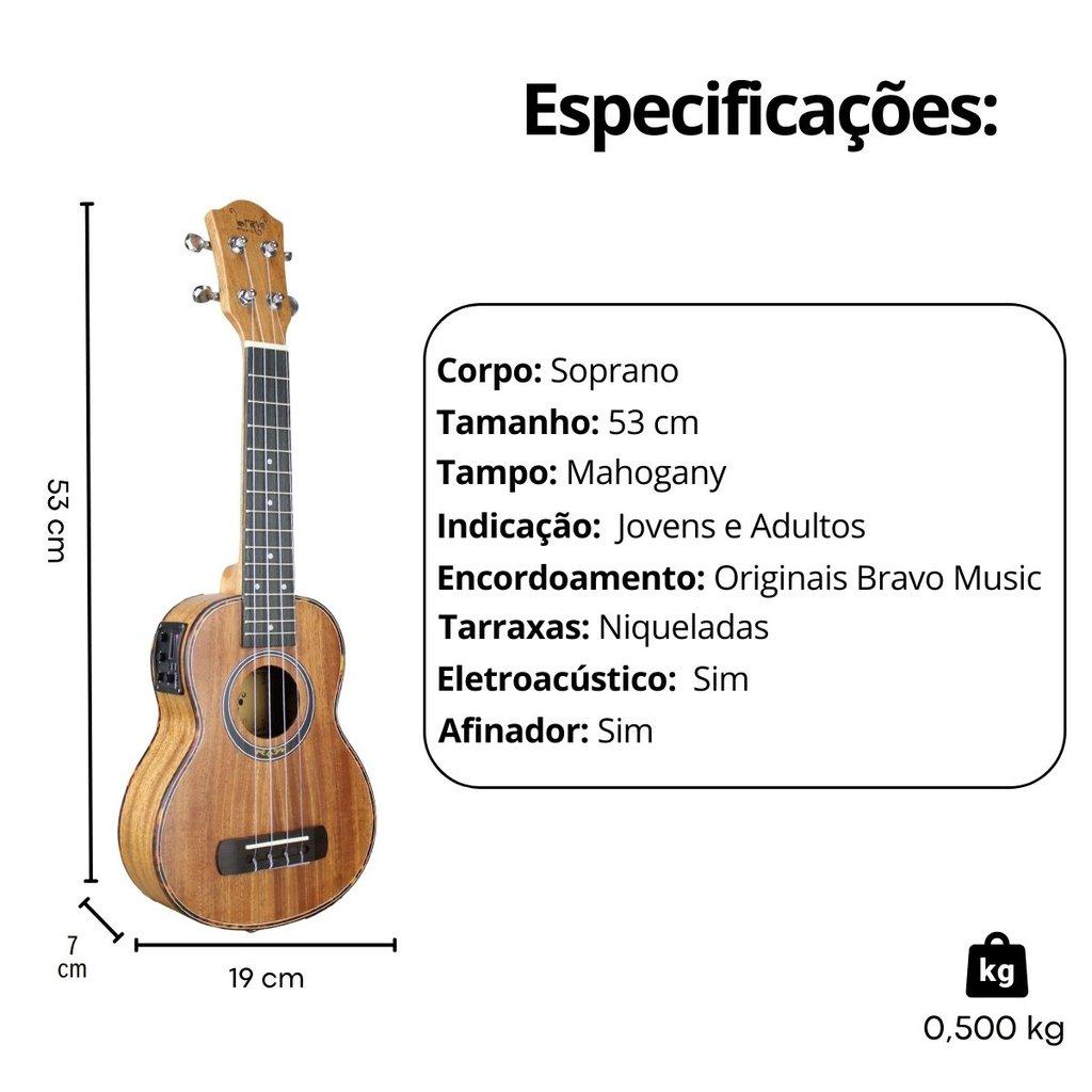 Kit Ukulele Bravo Buk421 Eletroacustico Soprano 21 + Acessórios