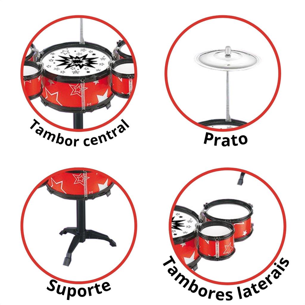 Bateria Infantil Instrumento Musical 5 Tambores Azul E Vermelho Brinquedo Infantil