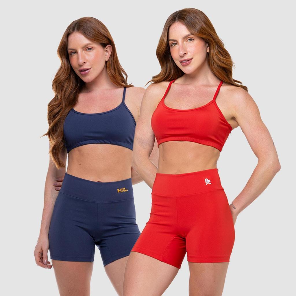 Kit 2 Conjunto Fitness Feminino Top Alça Short Cós Alto Meia Coxa Blackout Zero Transparência