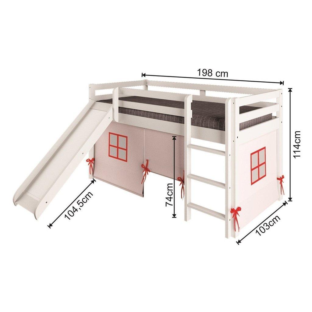 Cama Alta Infantil Com Escorregador E Tenda Em Madeira Maciça/mdf Branco/rosa