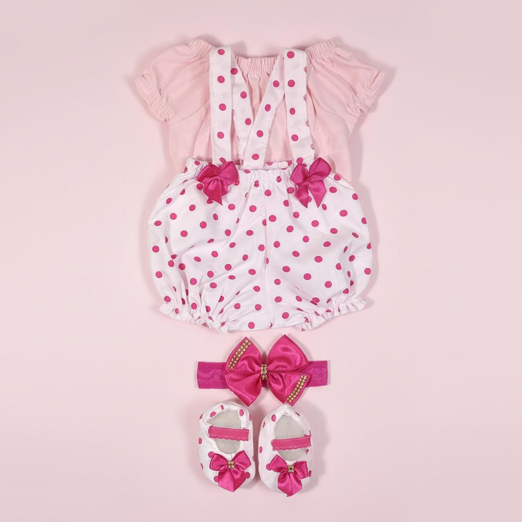 2 Kits Roupinha Bebê Reborn Jardineira + Sapato + Tiara + Turbante - 8 Peças - Veste De 45 A 50cm