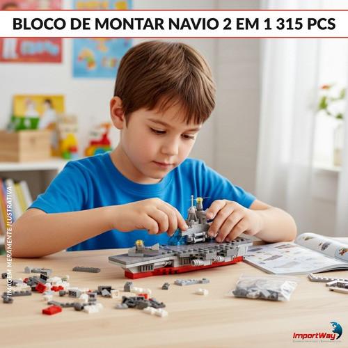Navio Porta-aviões 2 Em 1 Kit De Blocos 315 Peças Com Aviões E Barcos Montáveis