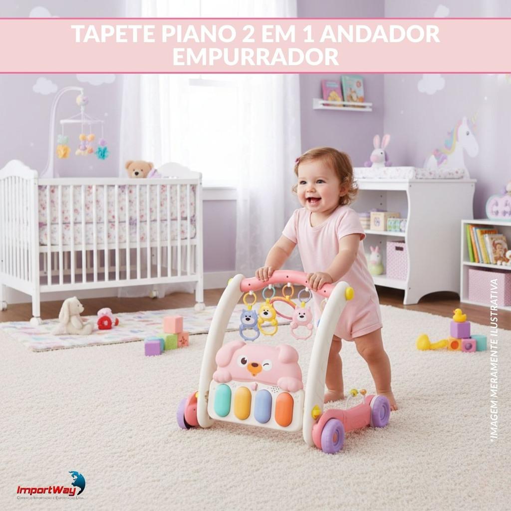Andador Empurrador Infantil 2 Em 1 Tapete Piano Musical Rosa Estimula Primeiros Passos Som E Móbile Certificado Inmetro