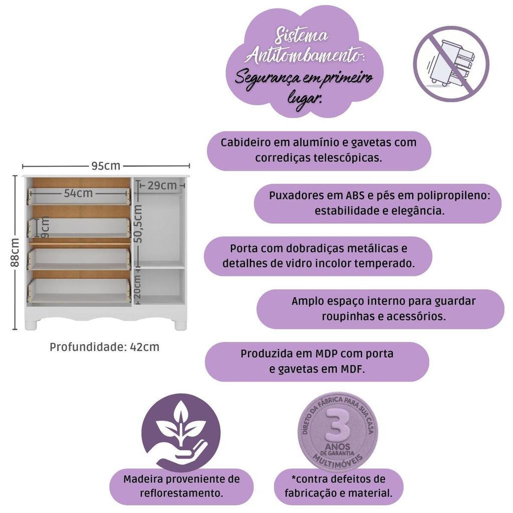 Berço 3 Em 1 Para Colchão 130x60cm Com Cômoda 1 Porta 4 Gavetas Luna Multimóveis