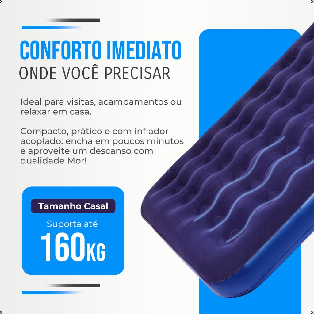 Colchão Inflável Casal Com Inflador Acoplado Camping Mor Azul