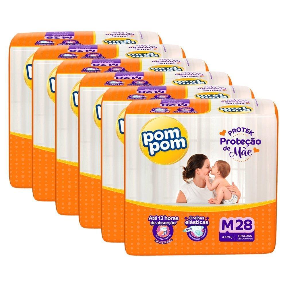 Fralda Descartável Pom Derma Protek Jumbo Tamanho M - 6 Pacotes Com 28 Fraldas - Total 168 Tiras