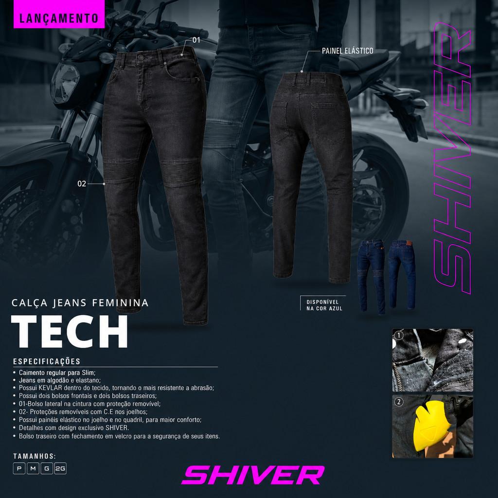 Calça Jeans Azul De Moto Feminina Shiver Tech Com Kevlar Proteção Joelho Moto Com Elastano Do 36 38 40 42 P M G Gg