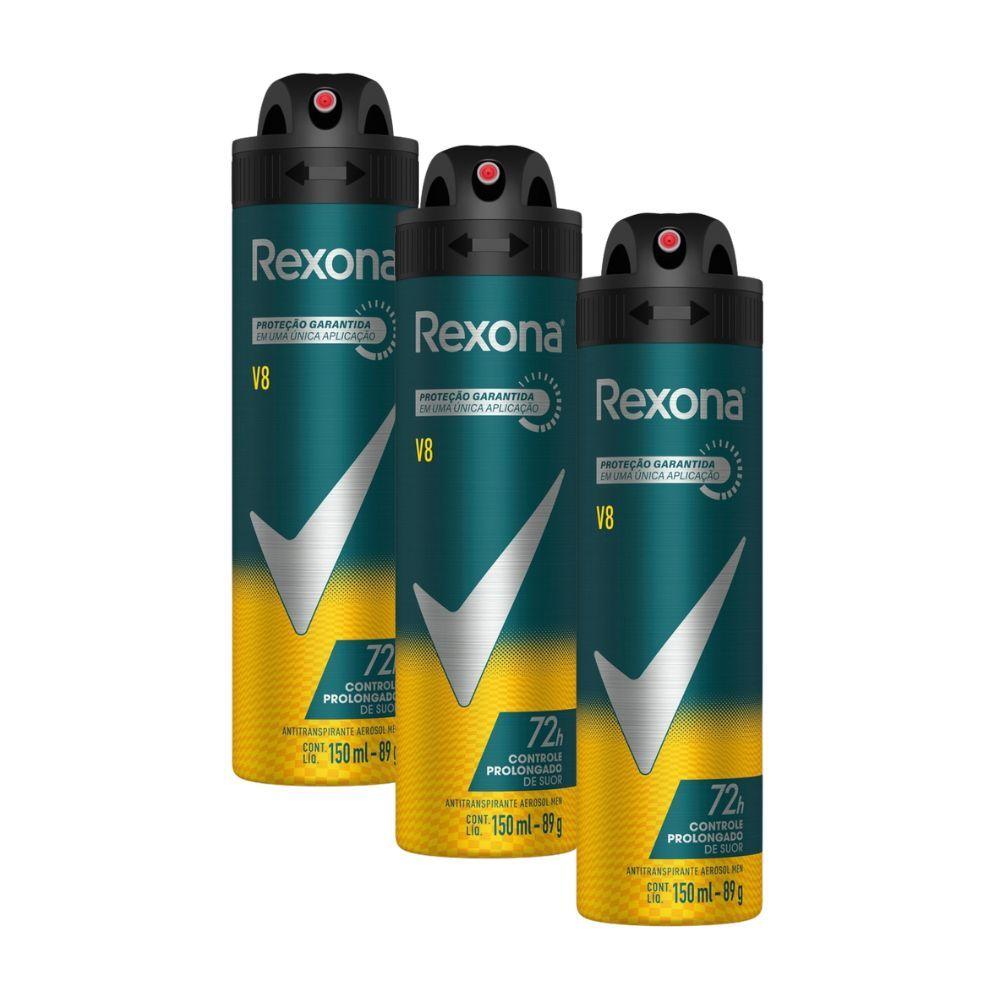 Kit 3 Desodorante Antitranspirante Aerosol Masculino Rexona V8 72 Horas 150ml