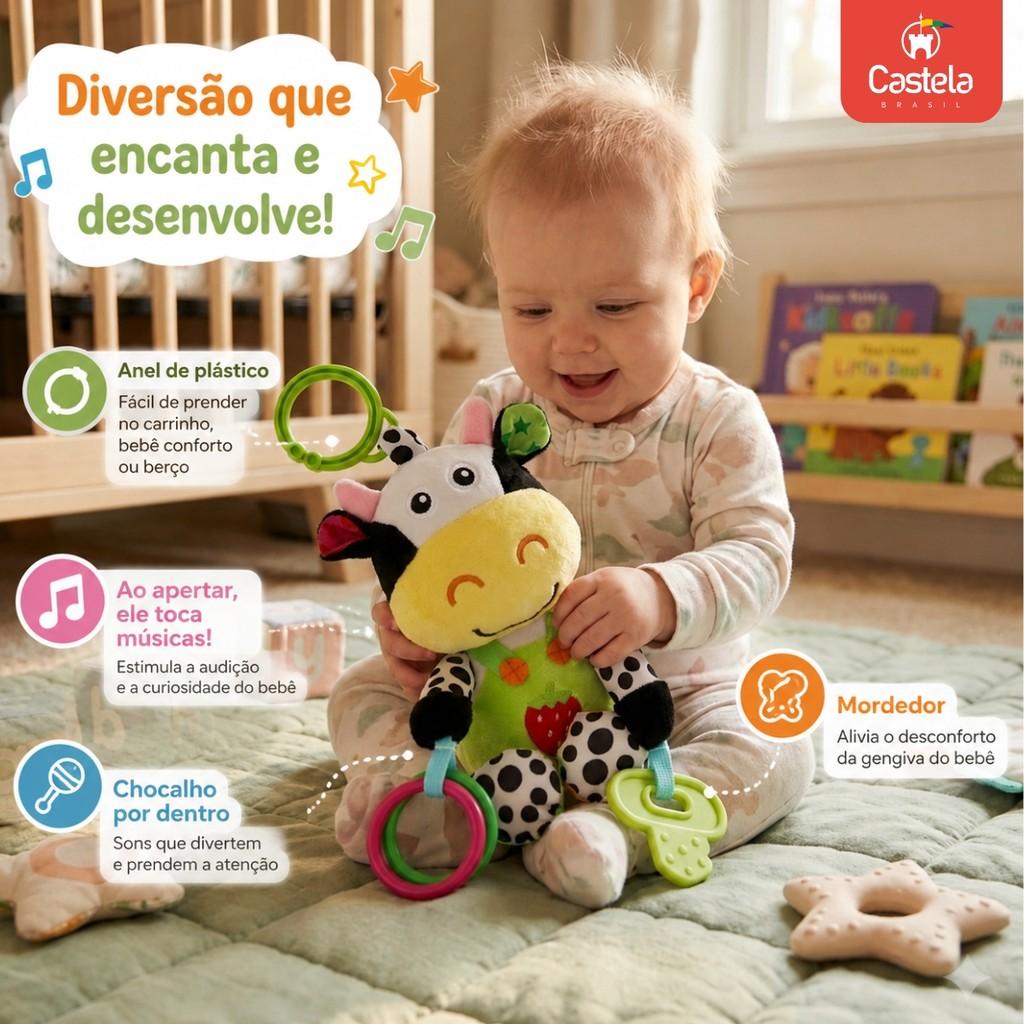 Pelúcia Ursinho Infantil Musical Vaquinha Mimosa C/Som Mordedor E Chocalho - Castela