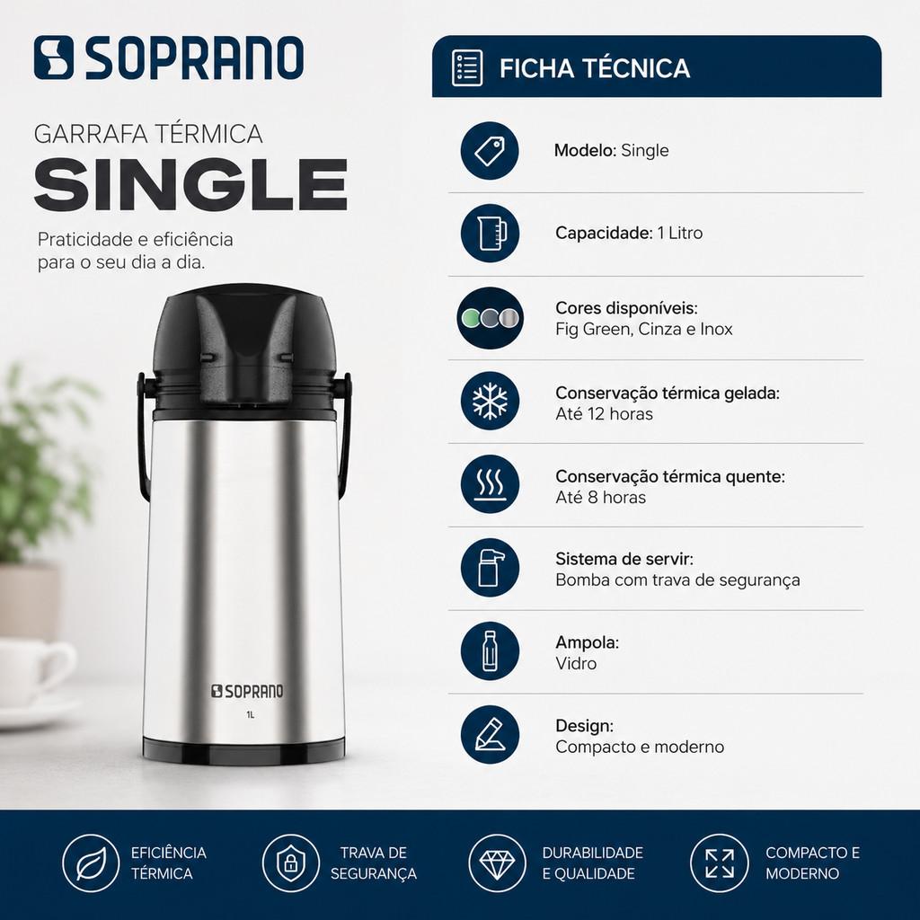 Garrafa Térmica Soprano 1L Com Bomba Trava Segurança E Ampola De Vidro Para Café Leite E Chá
