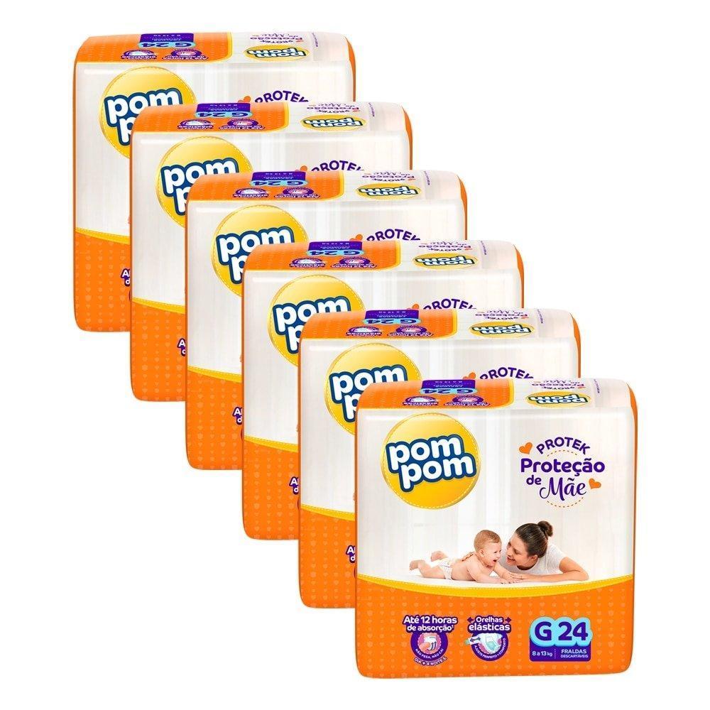 Fralda Descartável Pom Derma Protek Jumbo Tamanho G - 6 Pacotes Com 24 Fraldas - Total 144 Tiras