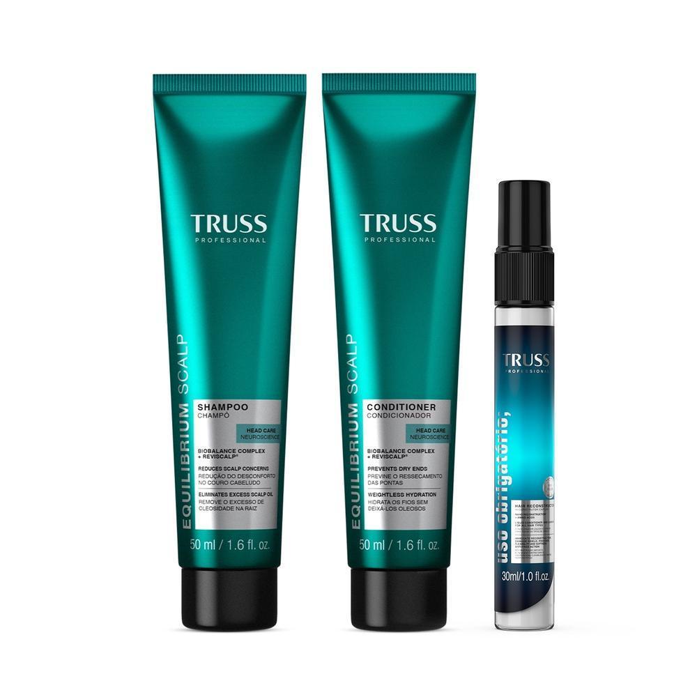 Combo Truss Shampoo Equilibrium Scalp 50ml + Condicionador Equilibrium 50ml + Spray Uso Obrigatório 30ml