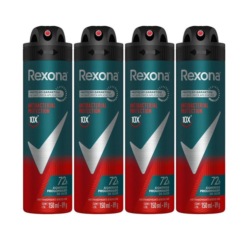 Kit 4 Desodorante Rexona Antibacterial Protection Men Aerosol Antitranspirante 72h 150ml
