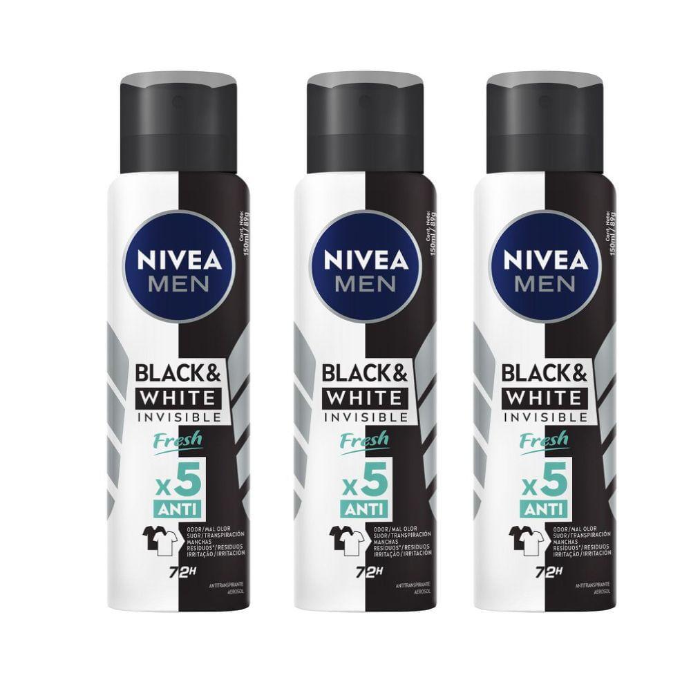 Kit 3 Desodorante Antitranspirante Aerosol Nivea Men Invisible Black White Fresh 150ml