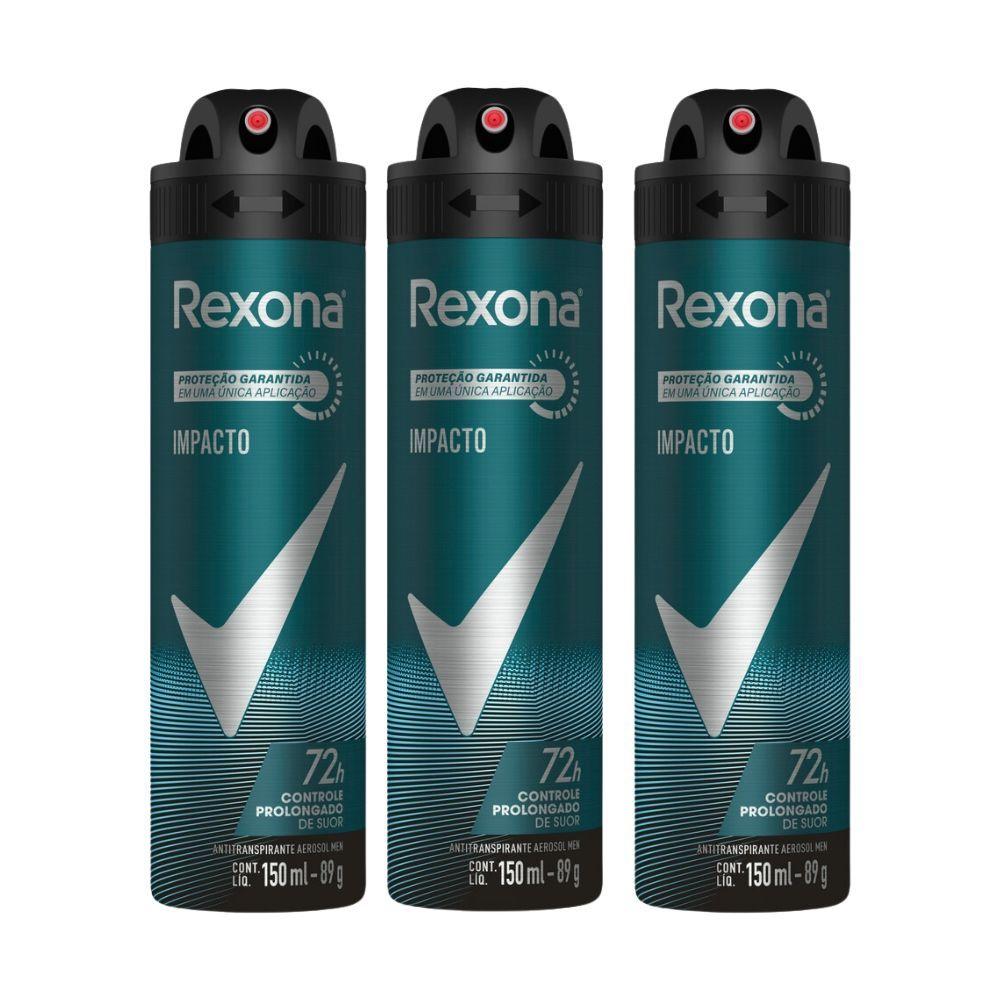 Kit 3 Desodorante Antitranspirante Aerosol Masculino Rexona Impacto 72 Horas 150ml