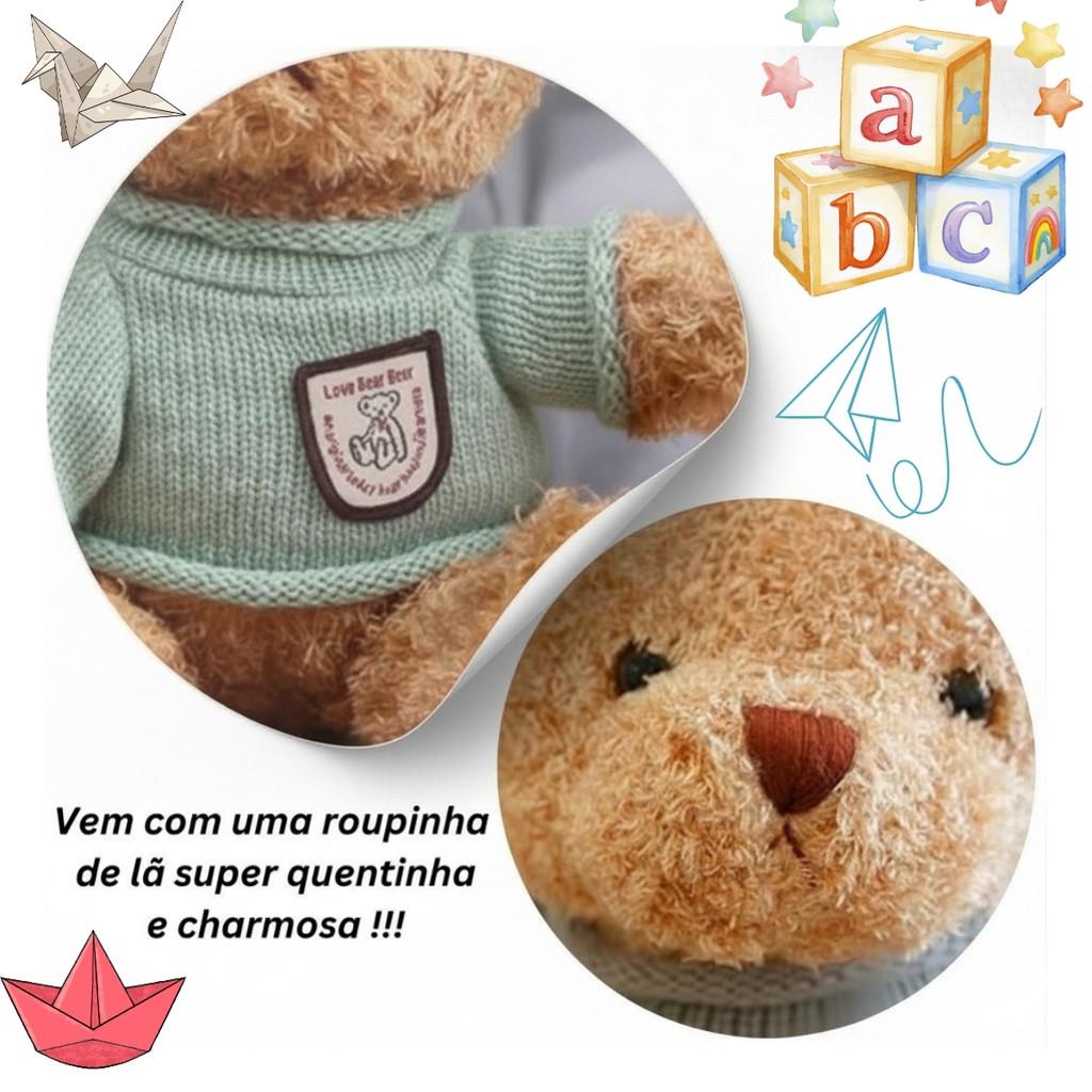 Brinquedo Ursinho Pelúcia Infantil C/Roupinha De Lã Fofinho Castela