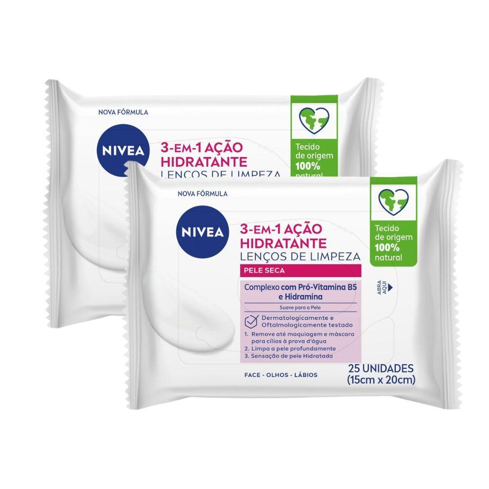 Kit 2 Lenço De Limpeza Nivea Demaquilante Ação Hidratante 3 Em 1 25 Unidades