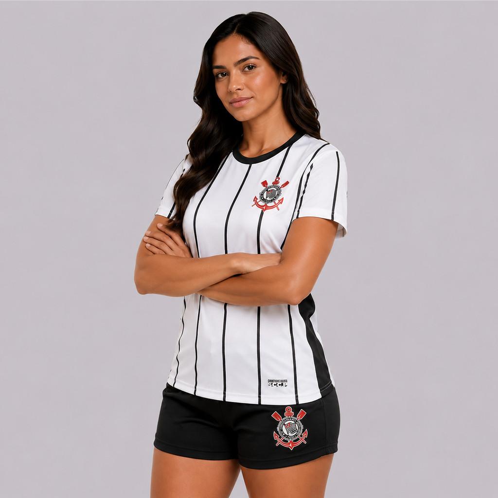 Camisa Corinthians Fitness Feminina Listrada Branca E Preta