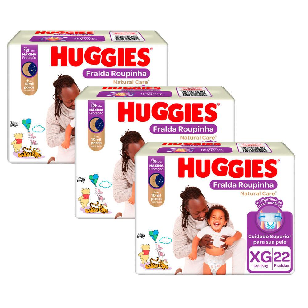 Kit 3 Fralda Roupinha Huggies Natural Care Tamanho Xg Pacote Mega 22 Unidades Descartáveis