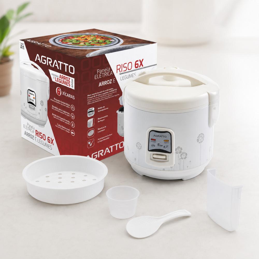 Panela Elétrica De Arroz Agratto Riso 6X 400W 6 Xícaras Antiaderente Com Bandeja Para Legumes