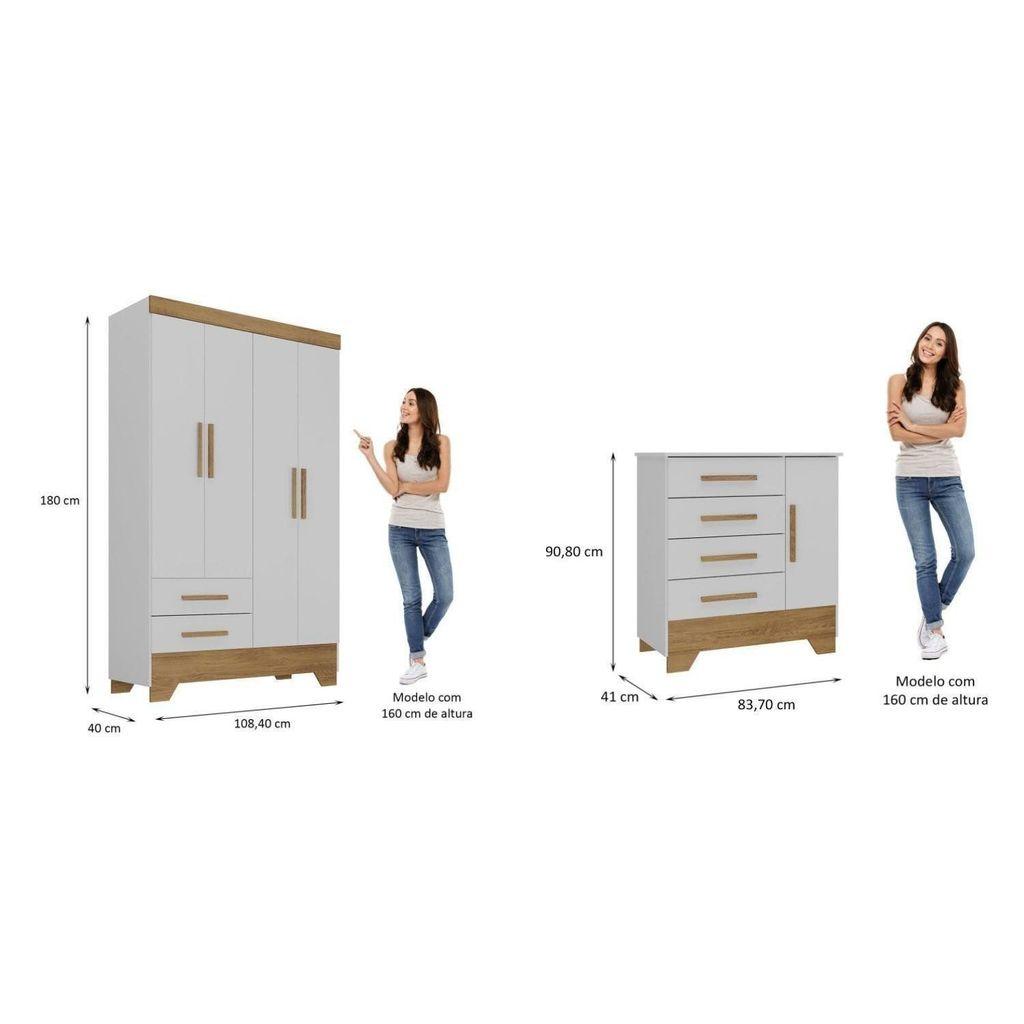 Quarto Infantil Completo Guarda Roupa 4 Portas 2 Gavetas Com Cômoda Liz Espresso Móveis Branco/fosco/nature Branco
