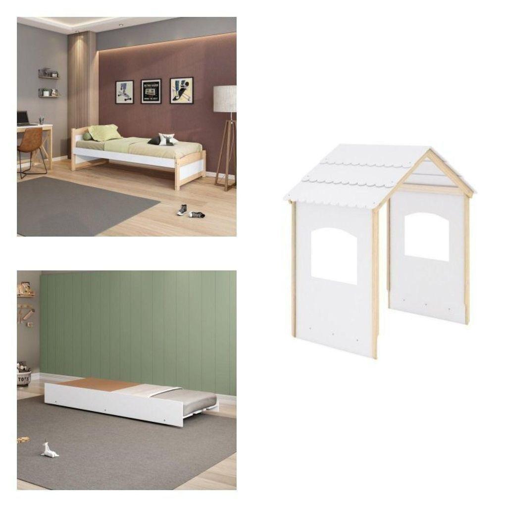 Bicama Infantil Solteiro Madeira Maciça/mdf Com Telhado Casinha Casatema Madeiraoriginals Branco/marrom