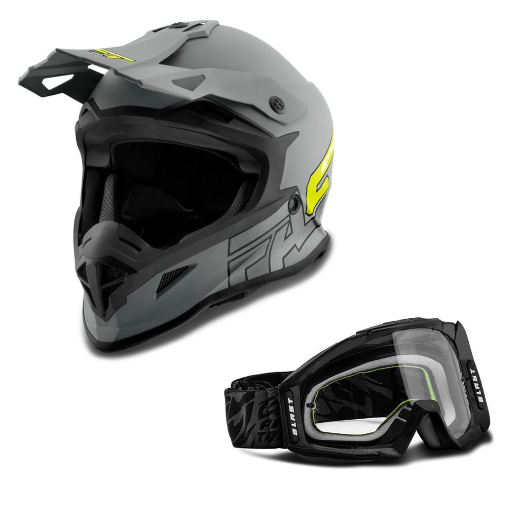 Kit Capacete Motocross PRO Tork Fast 788 Grey Fosco + Óculos Blast Verde - Preto