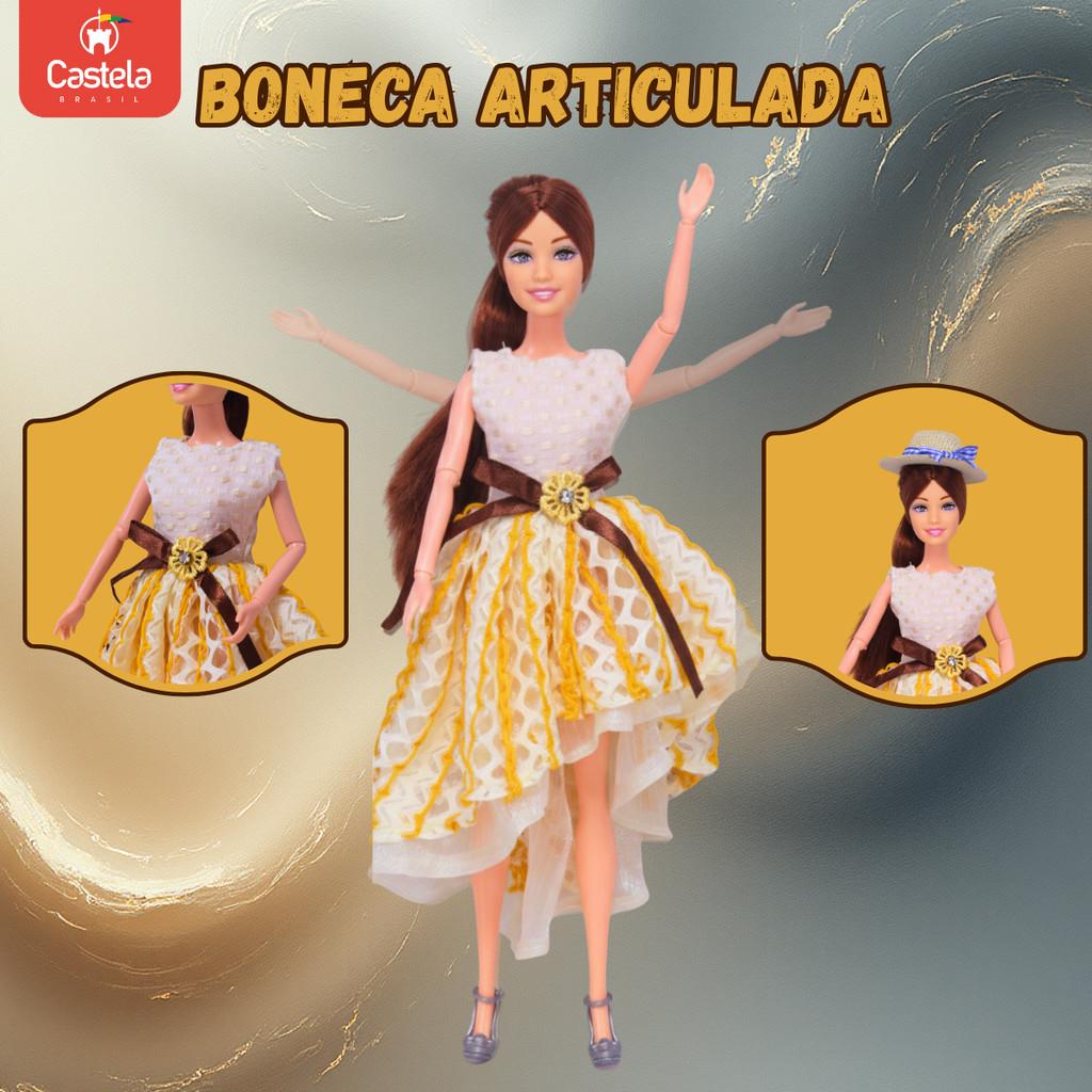 Boneca Morena Coleção Desfile De Moda Vestido Amarelo Castela