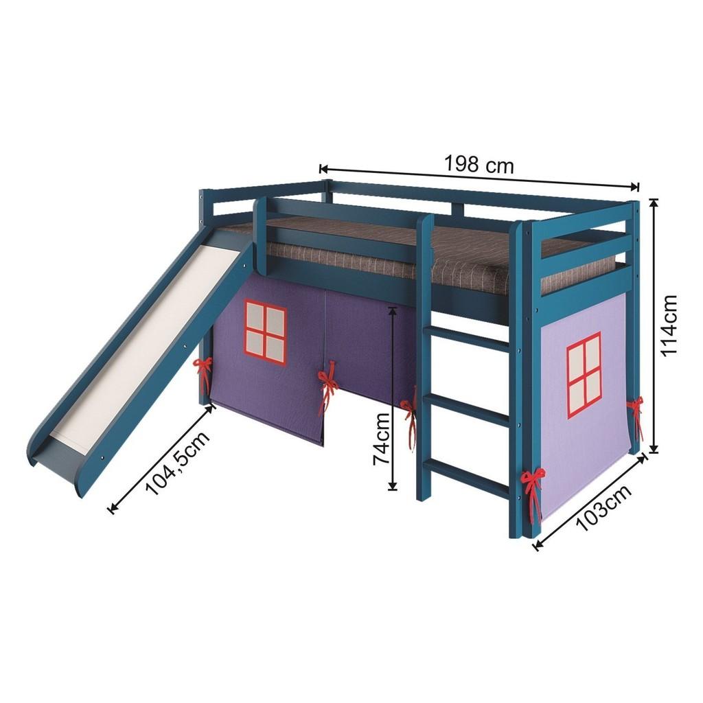 Cama Alta Infantil Com Escorregador E Tenda Em Madeira Maciça/mdf Azul