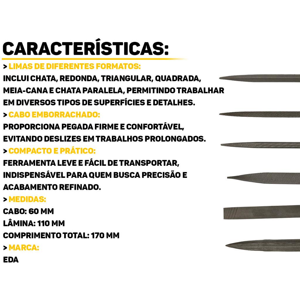 Kit Limas Tipo Agulha Eda 6pçs Triangular Redonda Chata Meia Cana Cabo Emborrachado P/Madeira Metal