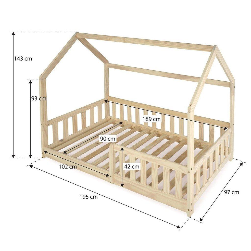 Cama Infantil Montessoriana De Madeira Maciça Com Grade E Casinha Elmer Natural Bege/marrom