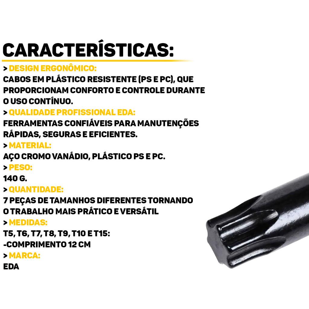 Kit Chaves Torx Precisão Reta 7 Pçs T5 A T15 Profissional Eda Manutenção Notebooks Óculos Eletrônico