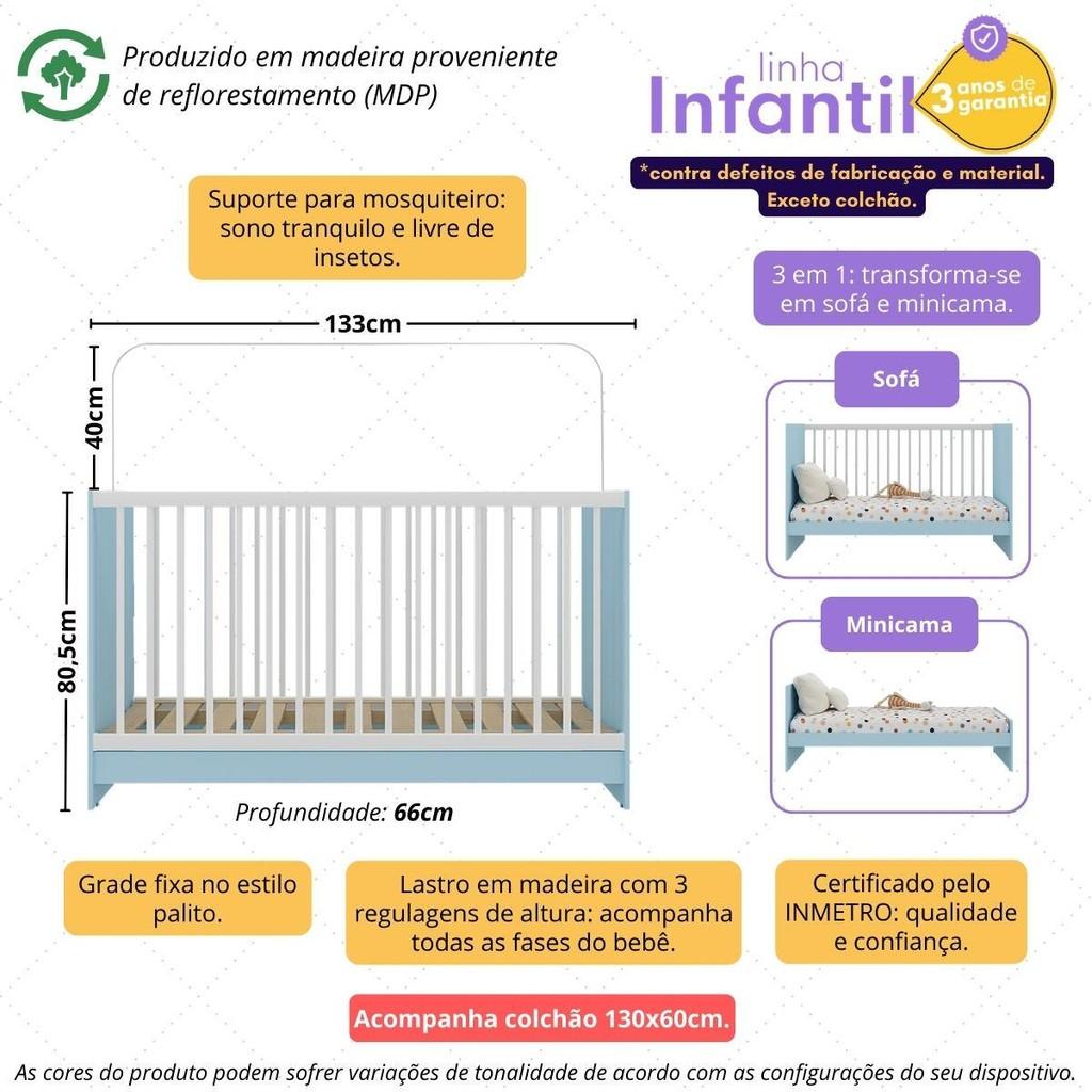 Berço 3 Em 1 Sonho Encantado Multimóveis Vira Mini Cama E Sofá + Colchão D18 Inmetro